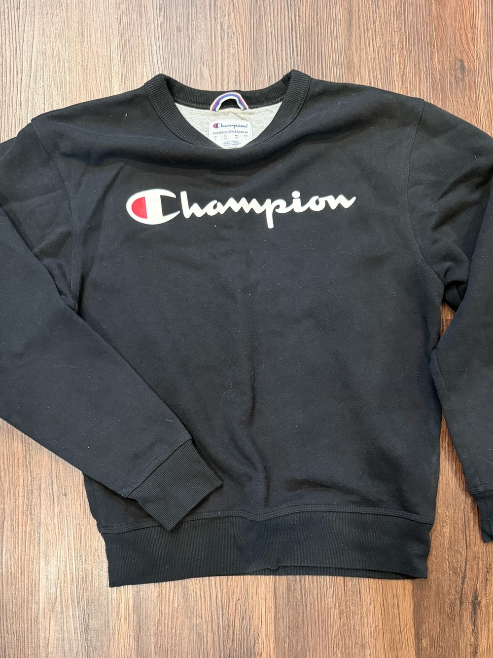 Champion Black Crewneck with White Script and Red Accent